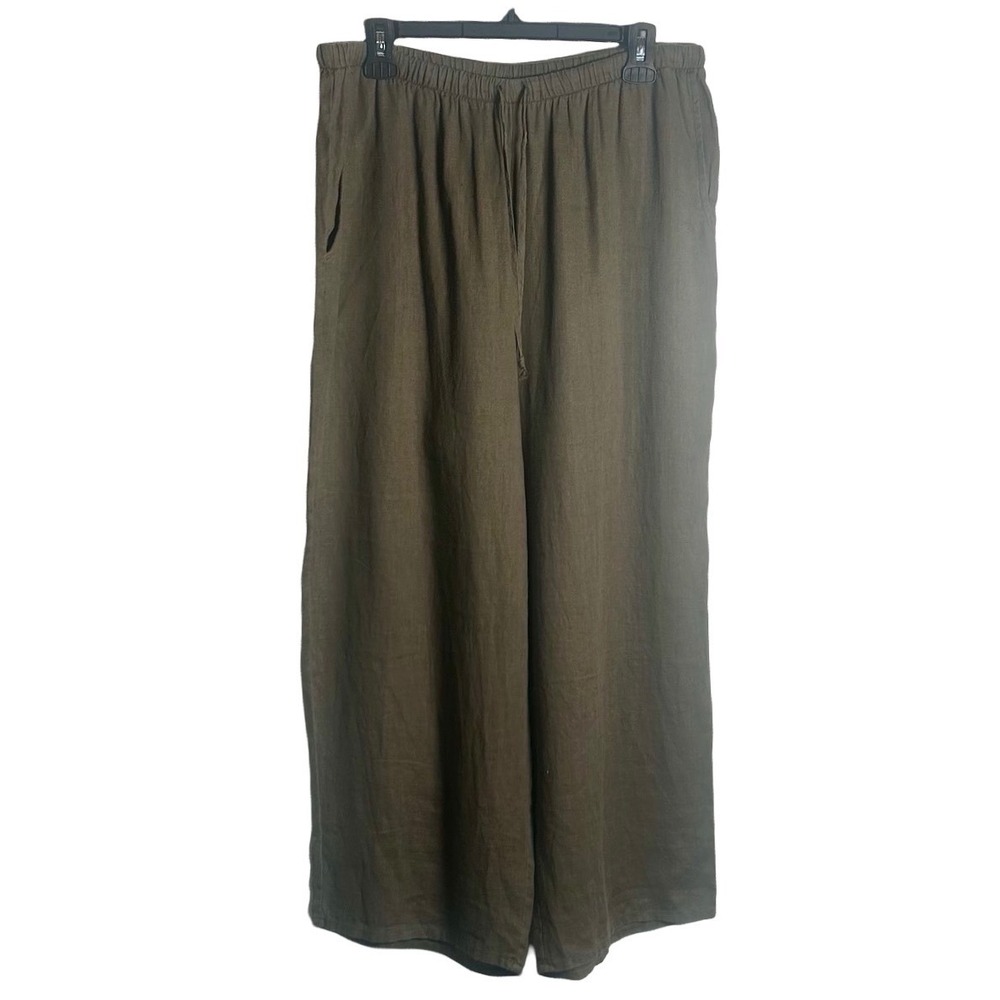 Flax Olive Green 100% Linen Wide Leg Ankle Pant Size Medium Lagenlook Minimalist